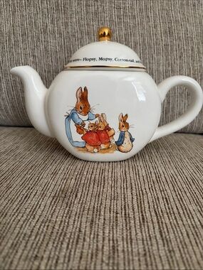 White Ceramic Beatrix Potter Bunny Teapot with Gold Accent